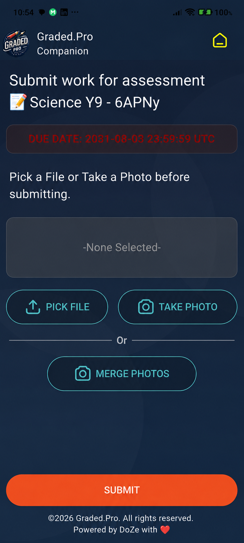 Submit work screen